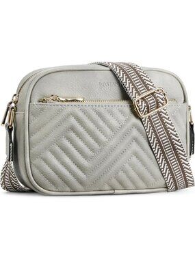 Women's Grey Leather Crossbody Purses Shoulder Handbags with Wide Strap